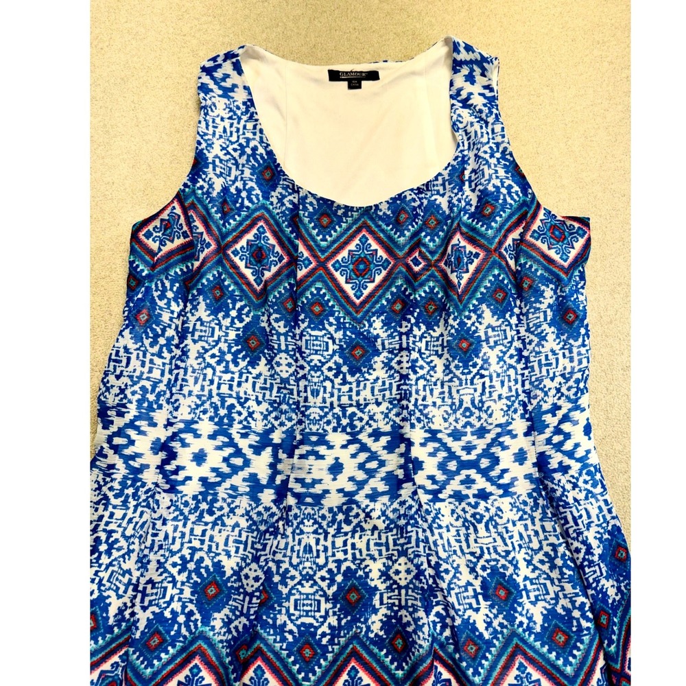 Glamour Maxi Dress Womens 16W Blue White Geometric Boho Sleeveless Airy Flowy